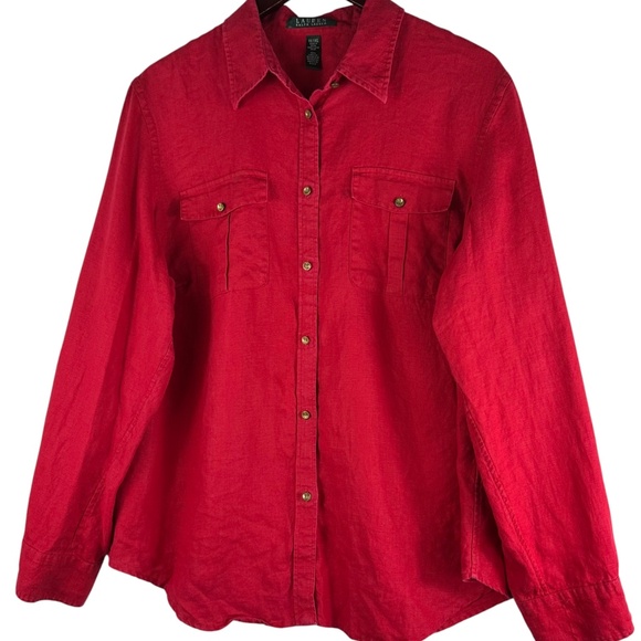 Ralph Lauren Sz 1X 16 18 Shirt Top Button Down Blouse 100% LINEN Red - Picture 2 of 6